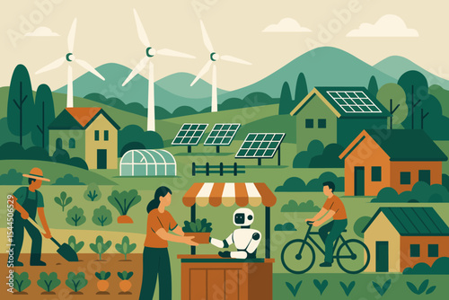 Eco village with renewable energy, smart farming, and AI trade booth