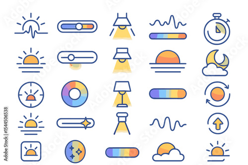 Set of icons with light, sunset, and circular designs featuring vibrant colors.