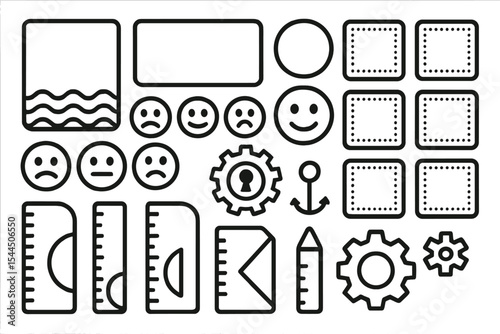 Black outline UI icon set with mood faces, tools, and interface elements