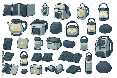 Eco camping gear icon set with solar panels, lanterns, and heated stones