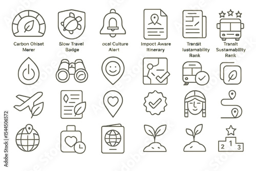 Icon set for eco travel, cultural alerts, and sustainable tourism badges