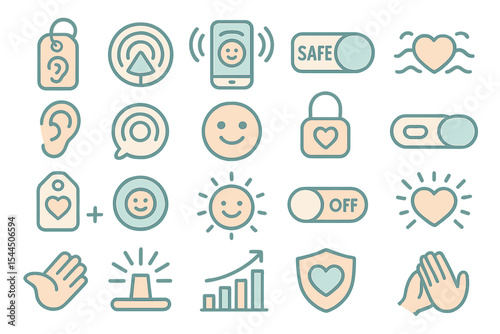 Set of wellness and safety UI icons, including heart, mood tracking, and security features.