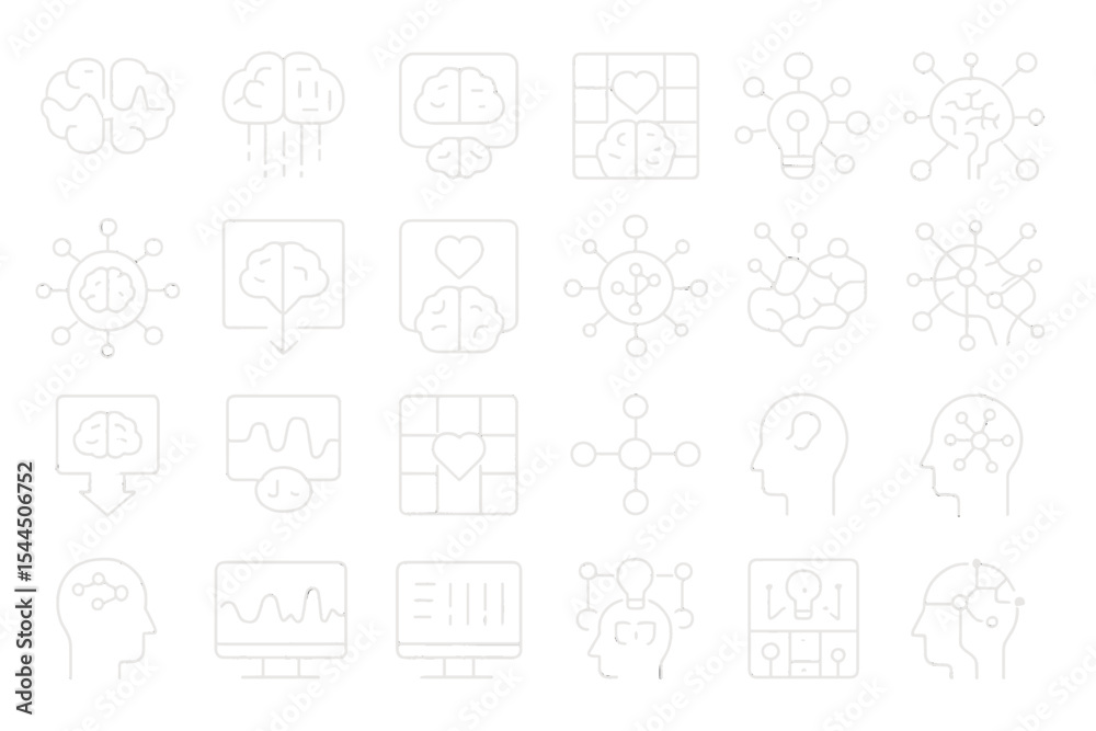 Obraz premium Neon-style icon set of brains, hearts, and AI network diagrams on gray background