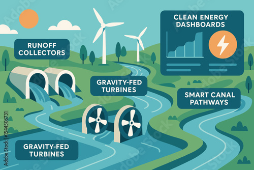 Illustration showcasing sustainable energy solutions like gravity-fed turbines and clean energy dashboards.