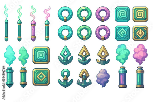 Colorful fantasy UI icons with glowing rings, anchors, flames, and labyrinth runes