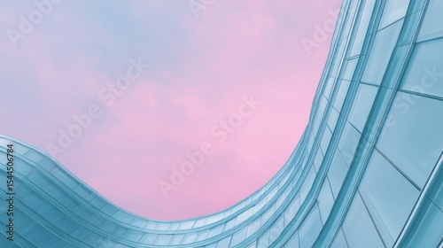 Curved glass facade kissing the pink horizon, urban elegance meets celestial wonder, World Architecture Day, modern design zenith