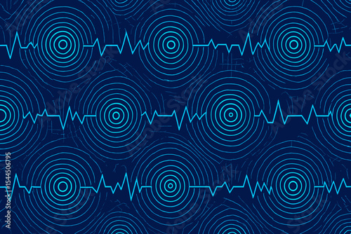 Concentric circles and pulse wave pattern on dark tech background