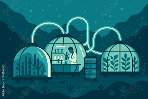 Illustration of an underwater research facility focused on plant growth and experimentation.