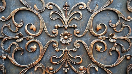 A detailed, ornate metal gate with intricate floral designs, set against a dark, metallic background.