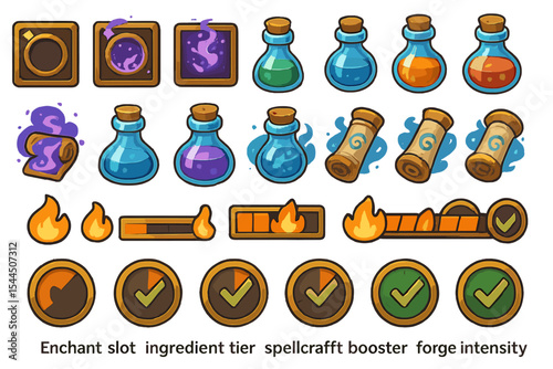 RPG crafting UI icons with enchanted slots, elemental potions, spell booster gauges, and forge intensity meters