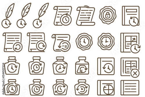 Vintage parchment, ink bottle, and clock refresh icon set
