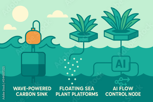 Wave-powered carbon sink with floating sea plant platforms and AI node