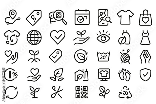 Minimal black line icons focused on ethical fashion and sustainability