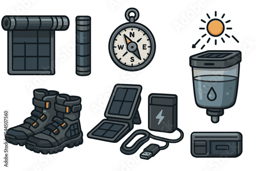 Modern survival gear icons with solar panels, purifier, boots, and compass