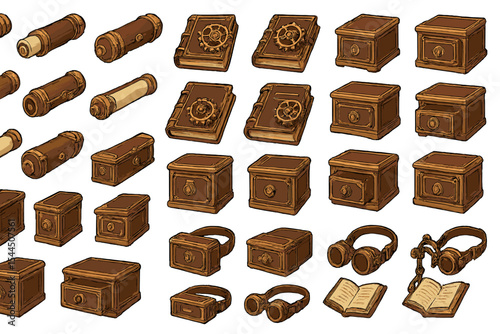 Steampunk inventory icons with scrolls, gear-embellished books, drawers, and goggles