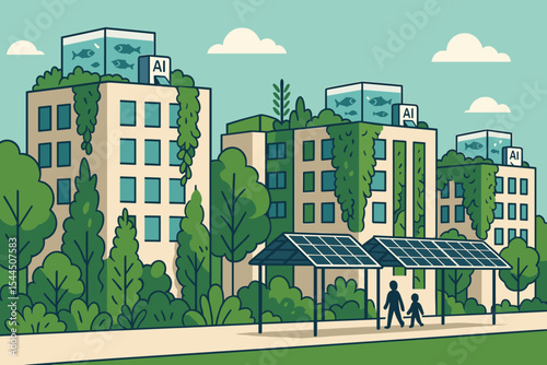 Urban green buildings with rooftop aquaculture and solar canopy