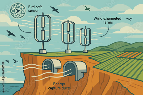 Vertical-axis wind farm with bird-safe sensors and energy ducts