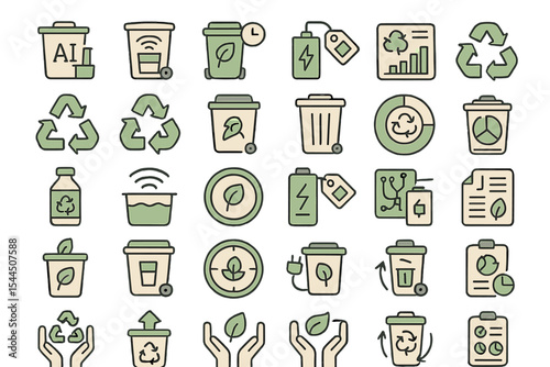 Line icon set for smart recycling and sustainable waste management