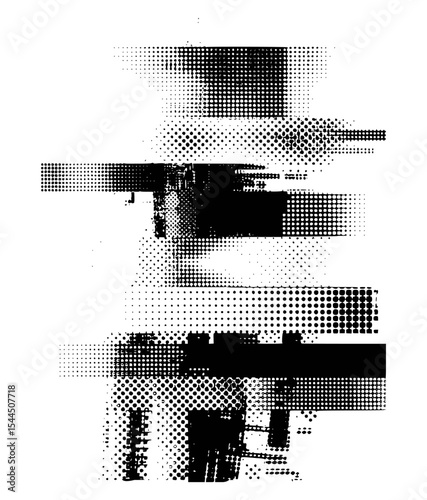 Abstract black and white grunge halftone design representing glitch art or digital degradation with textured patterns.