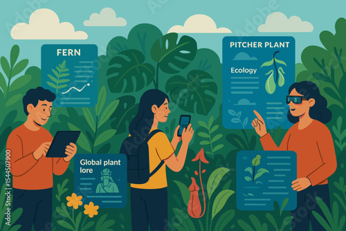 People studying plants with AR and tablets in a digital rainforest