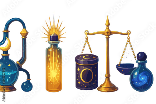 Mystical alchemy items with glowing potions, balance scale, and moon motifs