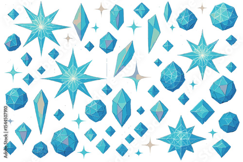 Shimmering seamless pattern of glowing blue crystals and stars