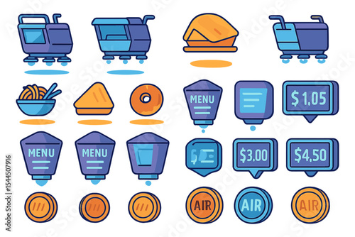 Colorful set of illustrated food court and shopping icons