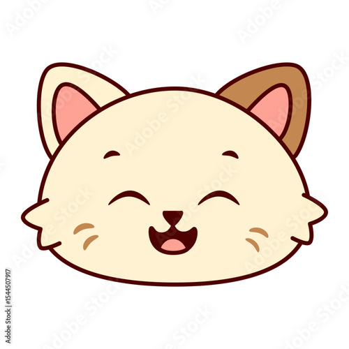 Cute cartoon cat face is cream colored with brown markings. The cat has a playful expression on its face with its eyes covered. Kawaii pet. Vector illustration