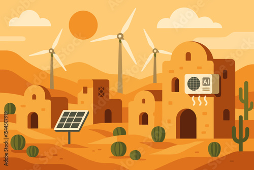 Desert eco-village with wind turbines, solar panels, and AI tech