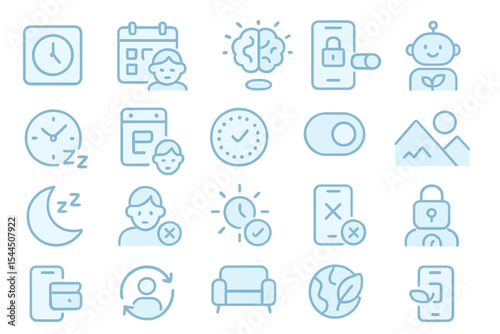 Light blue icon set for wellness, scheduling, and digital habits