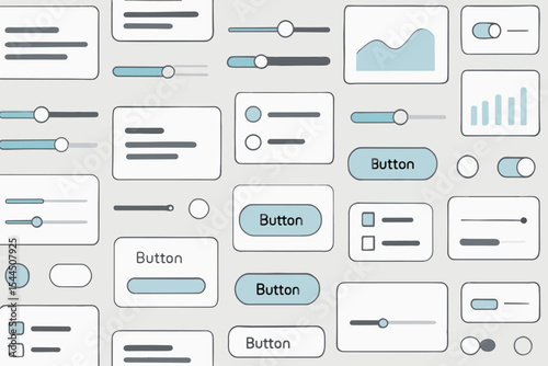 Soft pastel UI components with buttons, sliders, and graphs