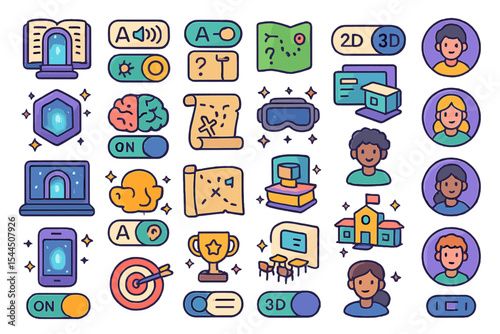 Whimsical educational icon set featuring learning modes, maps, toggles, students, and classroom tools