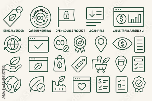 Comprehensive eco-commerce icon set featuring ethical sourcing, carbon neutrality, transparency, and sustainability