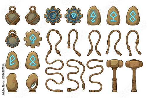 Ancient fantasy toolkit with glowing runes, stone charms, wooden hammers, and braided cables