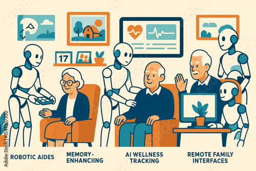 Elder care hub with robotic aides, wellness tracking, memory support, and virtual family connection