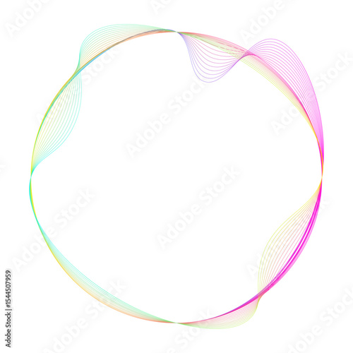 Neon color circles round curve shape with wavy dynamic lines. Colorful abstract wave circle on white background