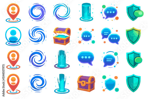 Colorful neon icon set with portals, treasure chests, chat bubbles, and shields