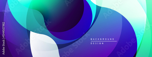 Abstract flowing shapes, vibrant blues, greens, purples create dynamic background. Modern design, smooth gradients, layered forms.