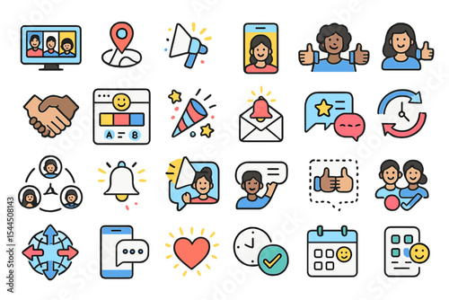Vibrant team collaboration icon set with feedback, messaging, and scheduling tools