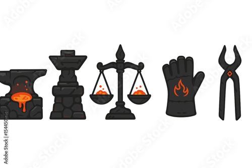 Glowing forge icon set with molten anvil, gloves, scale, and blacksmith tools