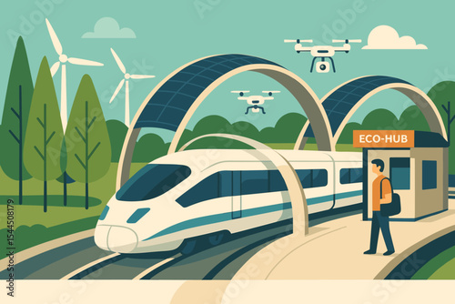 Eco-hub with high-speed train, drones, wind turbines, and solar arches