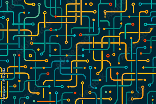 Seamless vector circuit pattern with colorful tech lines and nodes