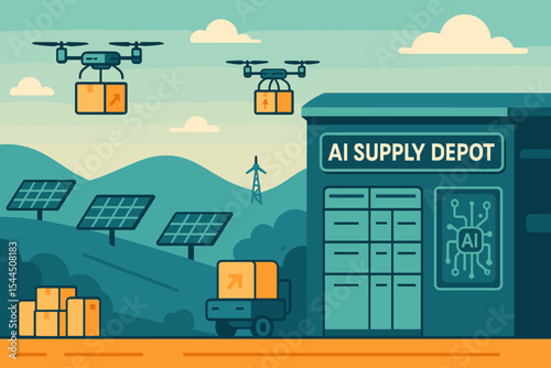 Futuristic AI supply depot with drone delivery and solar-powered systems