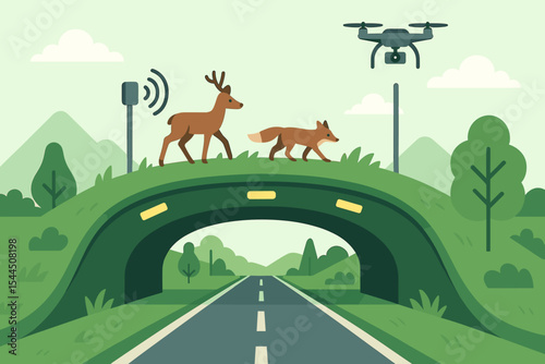 Wildlife crossing bridge with motion sensors, route lights, and drone patrol