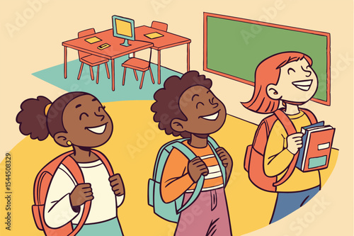 Happy Students with Backpacks in Colorful Classroom. Back to school Vector illustration.

