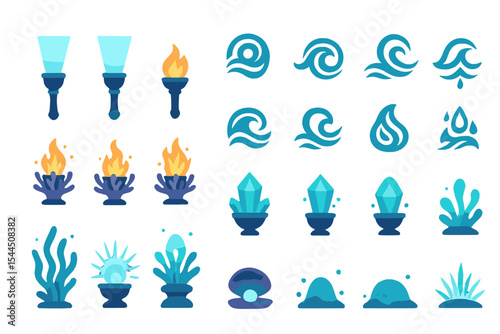 Set of glowing elemental fantasy icons featuring fire, water, crystals, and nature.