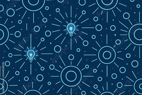 Abstract glowing light bulb surrounded by radiant circles, symbolizing energy, creativity, and innovation on a dark blue background.