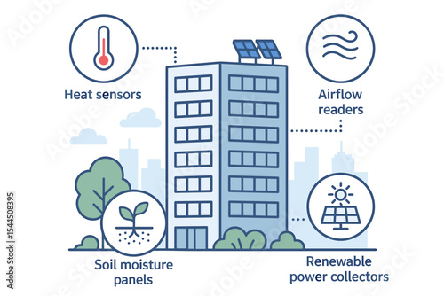 Illustration of a modern building equipped with renewable energy sources and sensors for temperature, airflow, and soil moisture.