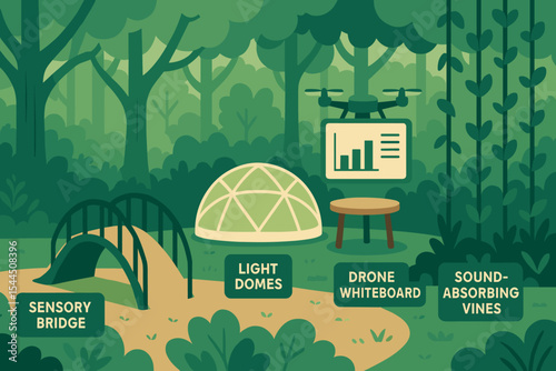 A serene, green forest scene showcasing innovative educational and natural elements