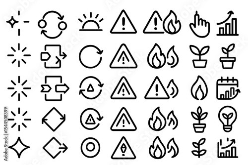 Set of black vector icons representing actions, alerts, growth, cycles, and flames with symbols for progression, interaction, and environmental impact.